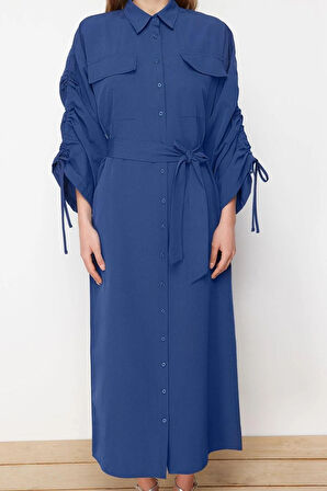 Yeni Casual Günlük Terrycotton Dokuma Gömlek Yaka Uzun Kol Gömlek Elbise Maxi Boy Tesettür Elbise