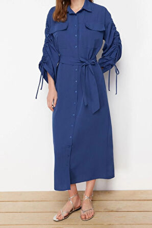 Yeni Casual Günlük Terrycotton Dokuma Gömlek Yaka Uzun Kol Gömlek Elbise Maxi Boy Tesettür Elbise