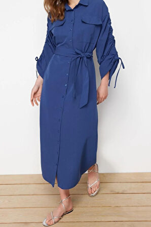 Yeni Casual Günlük Terrycotton Dokuma Gömlek Yaka Uzun Kol Gömlek Elbise Maxi Boy Tesettür Elbise