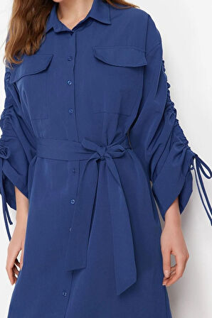 Yeni Casual Günlük Terrycotton Dokuma Gömlek Yaka Uzun Kol Gömlek Elbise Maxi Boy Tesettür Elbise