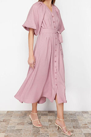 Yeni Regular Günlük Keten Görünümlü Dokuma V Yaka Truvakar Kol Kol A-Line Maxi Boy Tesettür Elbise