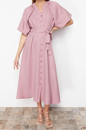 Yeni Regular Günlük Keten Görünümlü Dokuma V Yaka Truvakar Kol Kol A-Line Maxi Boy Tesettür Elbise