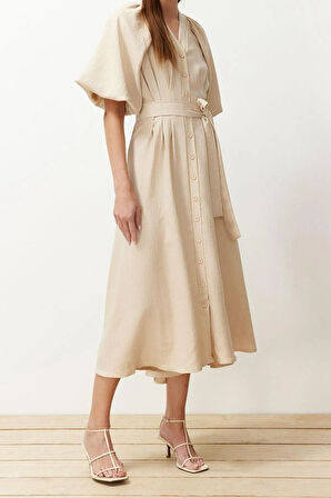 Yeni Regular Günlük Keten Görünümlü Dokuma V Yaka Truvakar Kol Kol A-Line Maxi Boy Tesettür Elbise