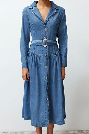Kadın Moda Şık Maxi Boy Gömlek Yaka Oversize Kemerli Denim Elbise