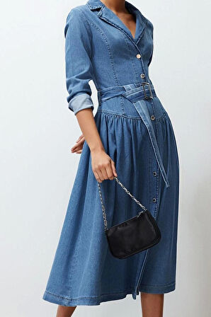 Kadın Moda Şık Maxi Boy Gömlek Yaka Oversize Kemerli Denim Elbise