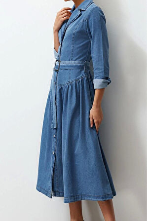 Kadın Moda Şık Maxi Boy Gömlek Yaka Oversize Kemerli Denim Elbise