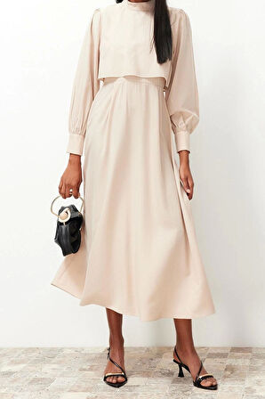 Yeni Regular Casual Günlük Terryviskon Dokuma Dik Yaka Uzun Kol A-Line Maxi Boy Tesettür Elbise