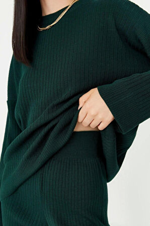 Kadın Moda Şık Boru Paça Regular Boy Uzun Kollu Basic Bisiklet Yaka Triko Alt-Üst Takım