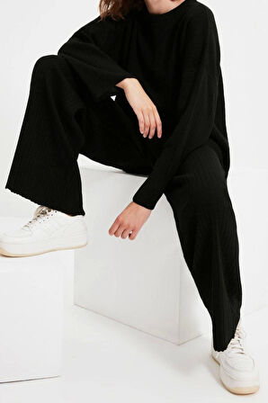 Kadın Moda Şık Boru Paça Regular Boy Uzun Kollu Basic Bisiklet Yaka Triko Alt-Üst Takım