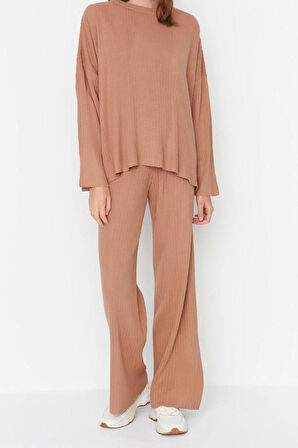 Kadın Moda Şık Boru Paça Regular Boy Uzun Kollu Basic Bisiklet Yaka Triko Alt-Üst Takım