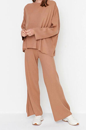 Kadın Moda Şık Boru Paça Regular Boy Uzun Kollu Basic Bisiklet Yaka Triko Alt-Üst Takım