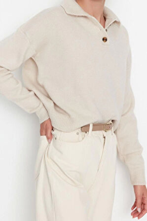 Kadın Moda Şık Regular Polo Yaka Uzun Kol Düz Yumuşak Dokulu Basic Triko Kazak