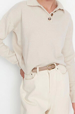 Kadın Moda Şık Regular Polo Yaka Uzun Kol Düz Yumuşak Dokulu Basic Triko Kazak