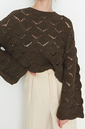 Kadın Moda Şık Regular Bisiklet Yaka Uzun Kol Ajurlu Delikli Triko Kazak