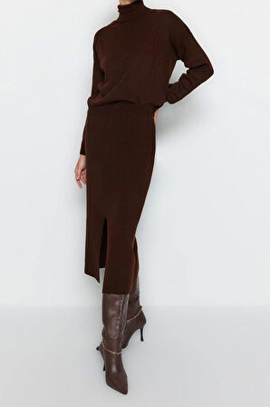 Kadın Moda Şık Regular Boy Uzun Kollu Balıkçı Yaka Triko Etekli Alt-Üst Takım