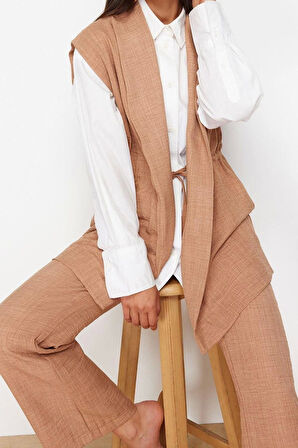 Kadın Moda Şık Boru Paça Kolsuz Krem İçten Bağlamalı Keten Görünümlü Kimono-Pantolon Dokuma Takım