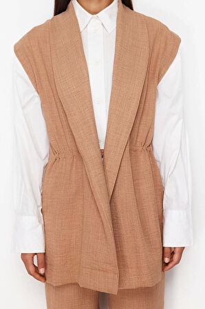 Kadın Moda Şık Boru Paça Kolsuz Krem İçten Bağlamalı Keten Görünümlü Kimono-Pantolon Dokuma Takım