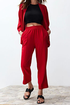 Kadın Moda Şık Regular Boy Uzun Kollu Dokuma Kimono-Pantolon Takım