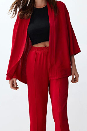 Kadın Moda Şık Regular Boy Uzun Kollu Dokuma Kimono-Pantolon Takım