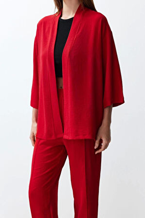 Kadın Moda Şık Regular Boy Uzun Kollu Dokuma Kimono-Pantolon Takım