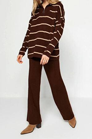 Kadın Moda Şık Regular Boy Uzun Kollu Geniş Kalıp Fermuarlı Triko Alt-Üst Takım