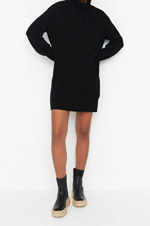 Yeni Oversize Casual Günlük Fitilli Triko Balıkçı Yaka Uzun Kol Kazak Elbise Mini Boy Elbise