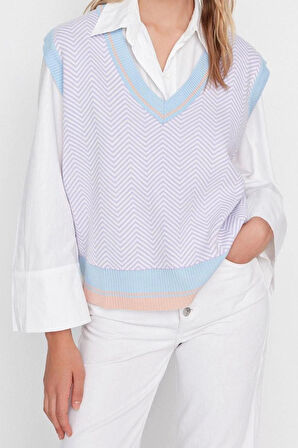 Kadın Moda Şık Regular V Yaka Kolsuz Geometrik Geometrik Desenli Triko Süveter