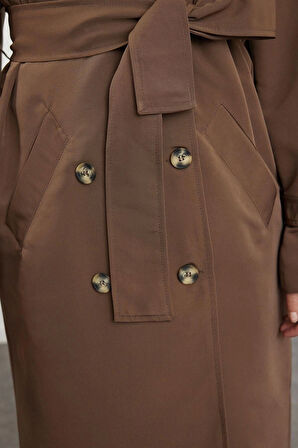 Kadın Moda Şık Oversize Ceket Yaka Uzun Düz Astarlı Oversize Kuşaklı Trençkot