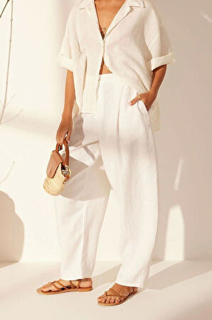 Kadın Yeni Moda Geniş Paça Uzun Boy Dokuma Pileil Yüksek Bel Balon Jeans