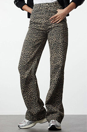 Kadın Moda Şık Kot Pantolon Geniş Paça Regular Boy Denim Leopar Baskılı Kahverengi Yüksek Bel Jeans