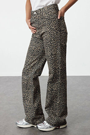 Kadın Moda Şık Kot Pantolon Geniş Paça Regular Boy Denim Leopar Baskılı Kahverengi Yüksek Bel Jeans