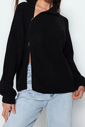 Kadın Moda Şık Dik Yaka Standart Kol Regular Fermuar Detaylı Triko Kazak