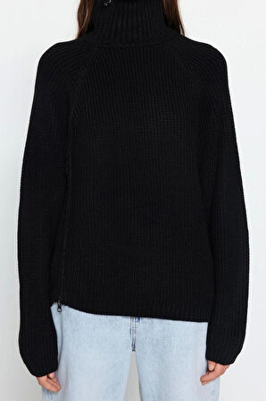 Kadın Moda Şık Dik Yaka Standart Kol Regular Fermuar Detaylı Triko Kazak