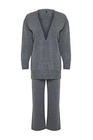 Kadın Moda Şık Geniş Paça Regular Boy Uzun Kollu Taşlı Hırka-Pantolon Triko Alt-Üst Takım