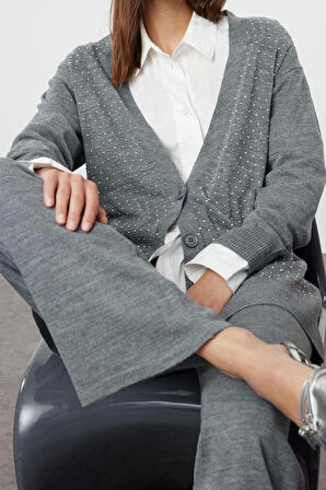 Kadın Moda Şık Geniş Paça Regular Boy Uzun Kollu Taşlı Hırka-Pantolon Triko Alt-Üst Takım