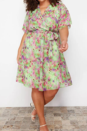 Yeni Rahat Casual Günlük Şifon Dokuma Kruvaze Kısa Kol A-Line Mini Boy Büyük Beden Elbise