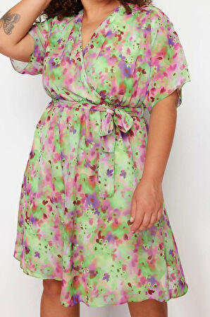 Yeni Rahat Casual Günlük Şifon Dokuma Kruvaze Kısa Kol A-Line Mini Boy Büyük Beden Elbise