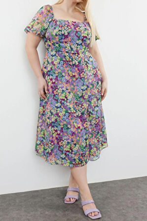 Yeni Büyük Beden Casual Günlük Şifon Dokuma Kare Yaka Kısa Kol A-Line Büyük Boy Büyük Beden Elbise