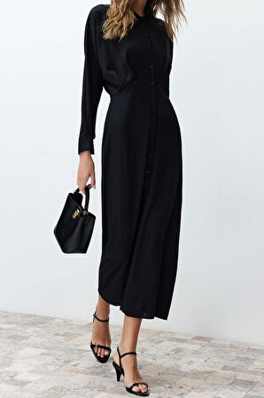 Yeni Regular Günlük Jessica Dokuma Gömlek Yaka Uzun Kol Gömlek Elbise Maxi Boy Tesettür Elbise