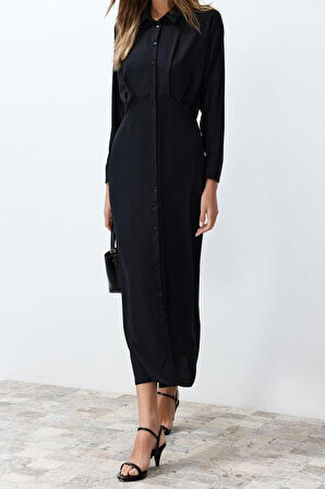 Yeni Regular Günlük Jessica Dokuma Gömlek Yaka Uzun Kol Gömlek Elbise Maxi Boy Tesettür Elbise