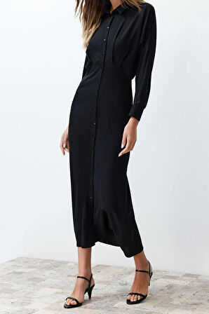 Yeni Regular Günlük Jessica Dokuma Gömlek Yaka Uzun Kol Gömlek Elbise Maxi Boy Tesettür Elbise