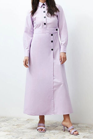 Yeni Regular Casual Günlük Poplin Dokuma Gömlek Yaka Uzun Kol A-Line Maxi Boy Tesettür Elbise