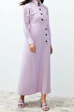 Yeni Regular Casual Günlük Poplin Dokuma Gömlek Yaka Uzun Kol A-Line Maxi Boy Tesettür Elbise