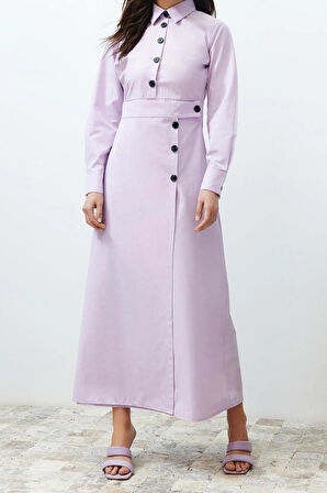 Yeni Regular Casual Günlük Poplin Dokuma Gömlek Yaka Uzun Kol A-Line Maxi Boy Tesettür Elbise