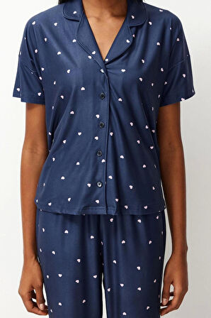 Kadın Polyester Gömlek Yaka Kısa Kol Kalpli Örme Pijama Takımı