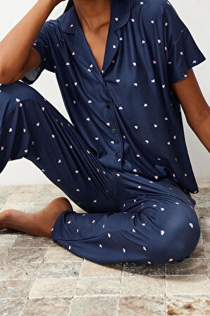 Kadın Polyester Gömlek Yaka Kısa Kol Kalpli Örme Pijama Takımı
