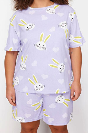 Büyük Beden Kadın Pamuklu Bisiklet Yaka Kısa Kol Tavşan Desenli Örme Pijama Takımı