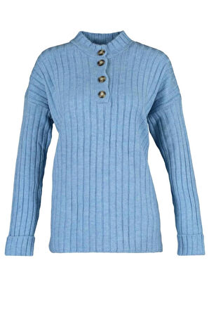 Kadın Tesettür Moda Şık Regular Düğmeli Yaka Uzun Kol Düz Yakası Düğmeli Fitilli Triko Kazak