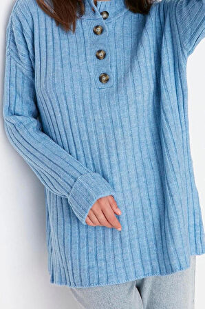 Kadın Tesettür Moda Şık Regular Düğmeli Yaka Uzun Kol Düz Yakası Düğmeli Fitilli Triko Kazak