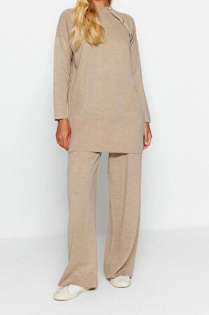 Kadın Moda Şık Regular Boy Uzun Kollu Düğme Detaylı Triko Alt-Üst Takım